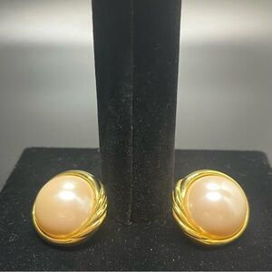 Marvella Faux Pearl Cabochon Style Clip On Earrings Gold Tone Chunky Vintage